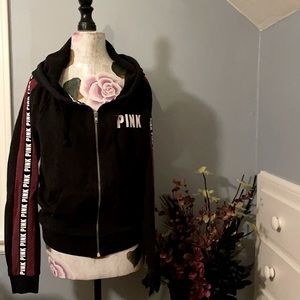 Victoria’s Secret Pink Black and Maroon Logo Stripe Zip Hoodie